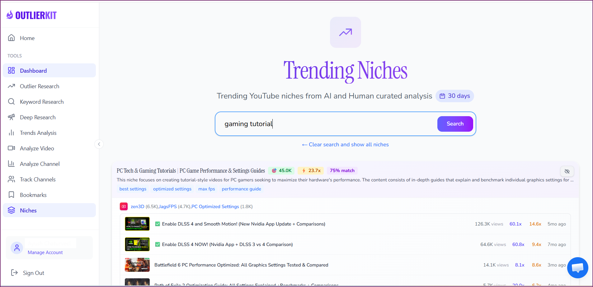OutlierKit Trending Niches Feature